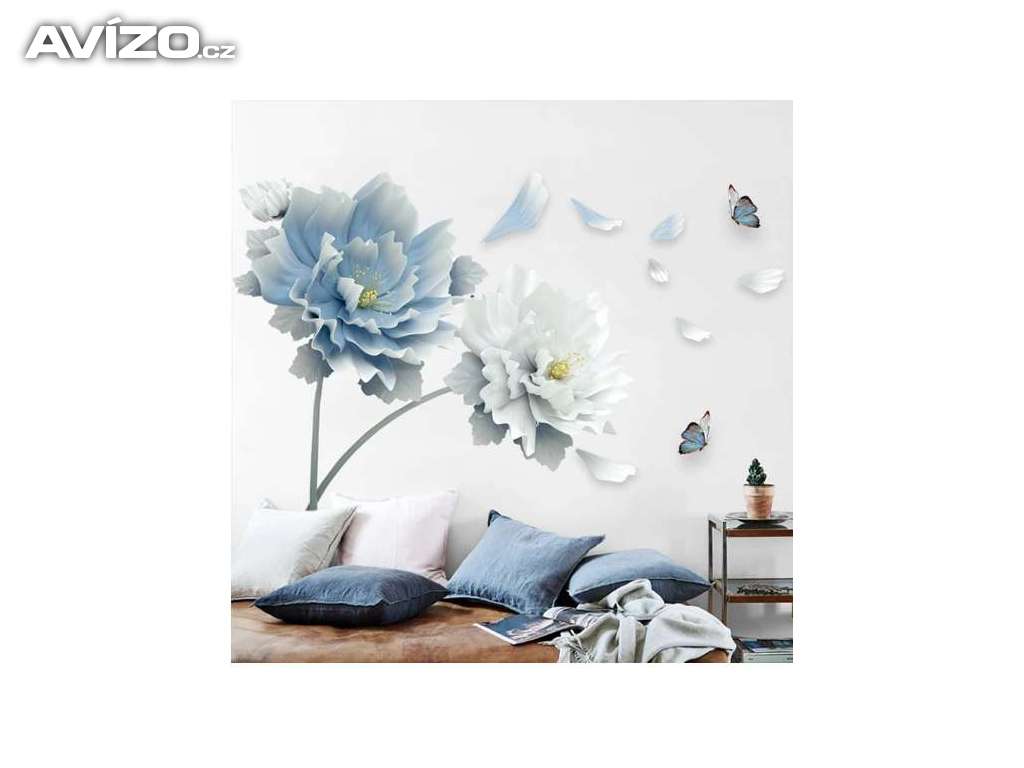 Velká bílá modrá květinová samolepka na zeď