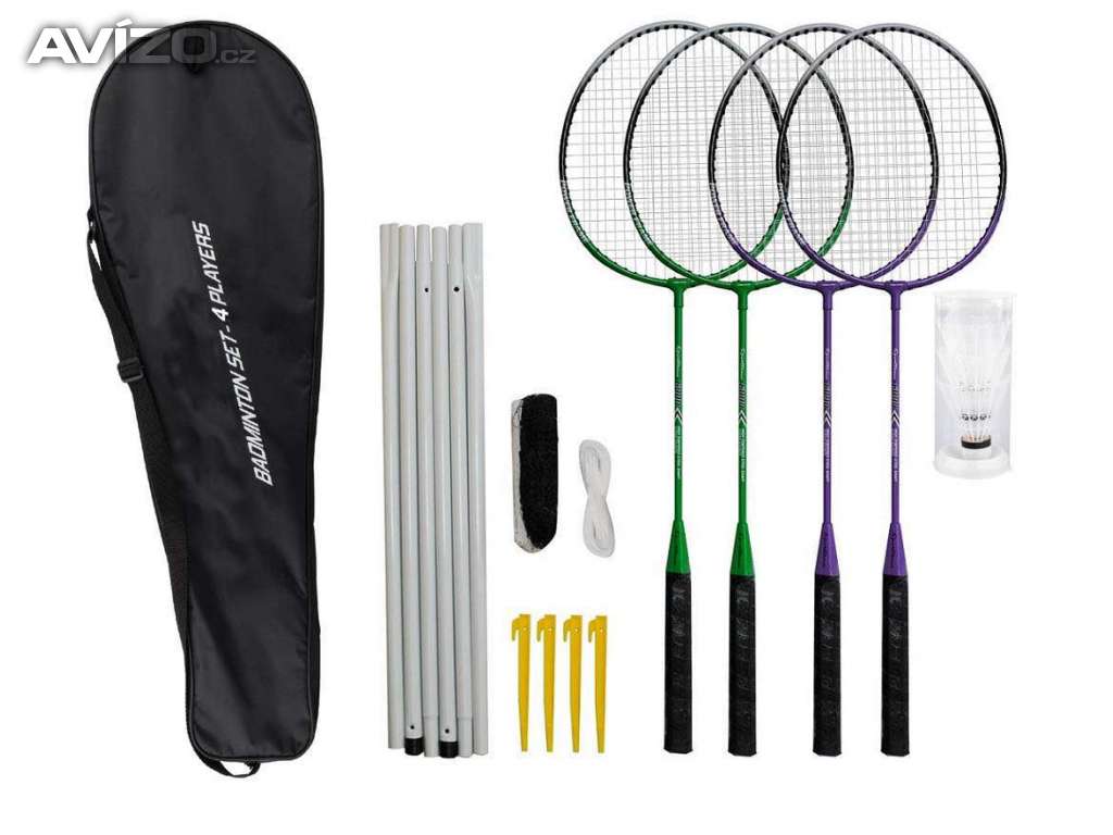 Hlavní fotka pro Badmintonový set 4x raketa síť 3x míček pouzdro - nový , nepoužitý