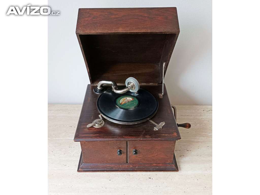 Starožitný stolní gramofon ve dřevěné skříni Carnophon, plně fukční, rok 1905