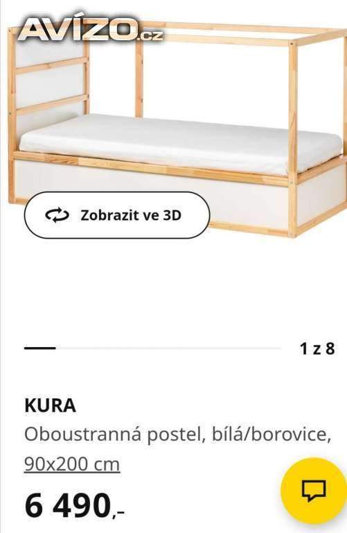 KURA Oboustranná postel, bílá/borovice IKEA,matrace a baldachýn 2ks