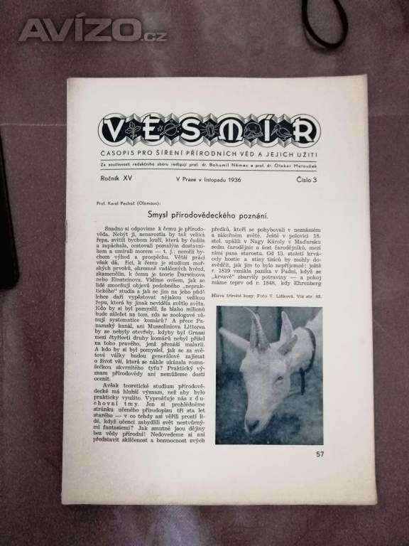 Prodám časopis VESMÍR, ročník XV., rok 1936, 1937, čísla 1, 2, 3, 5, 6, 7, 8, 9-10.