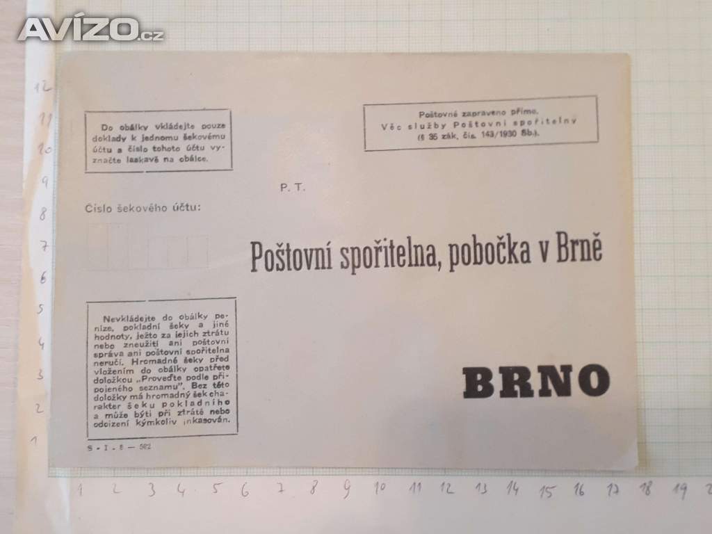  Poštovní spořitelna Brno - obálka k zasílání šeků 