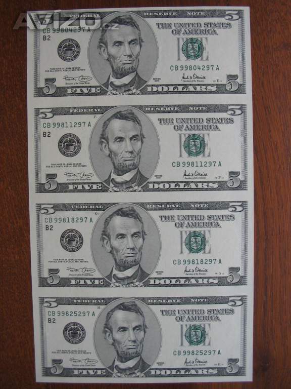 4x 5$ US dollar nerozříznuté bankovky 5$ US dolar.