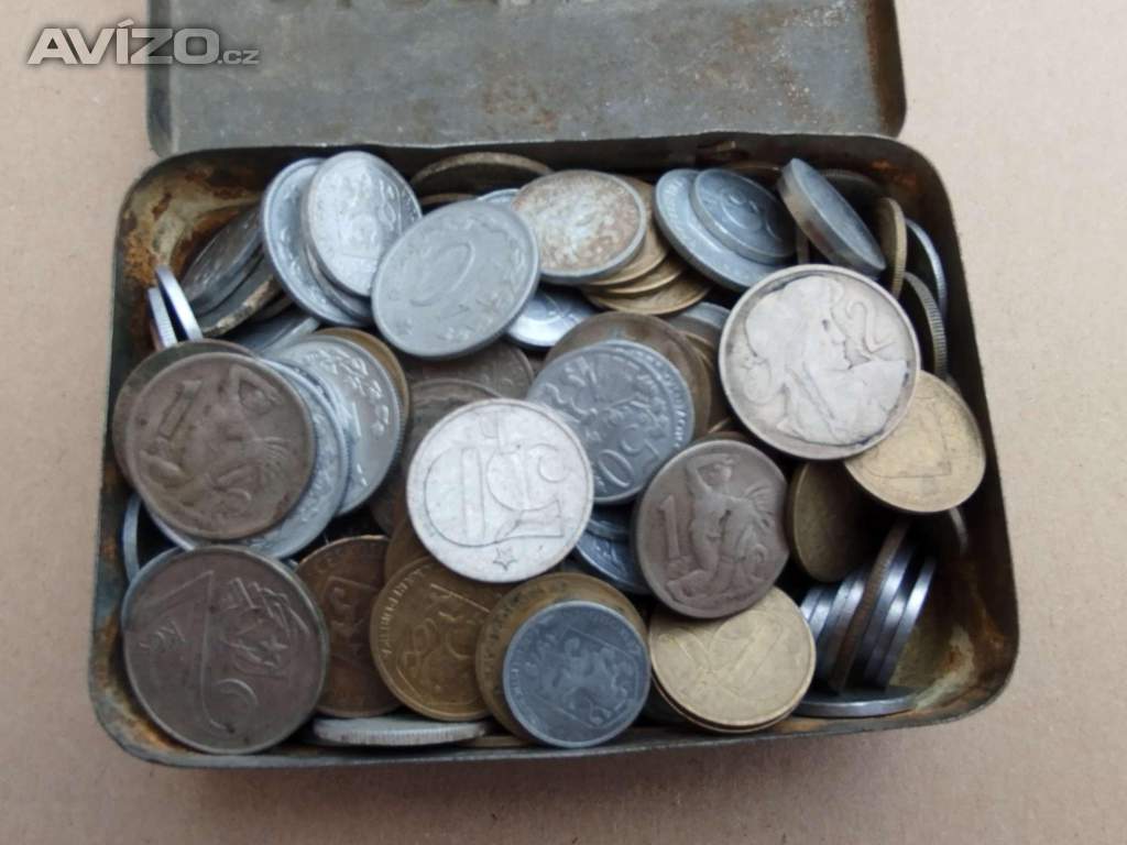 211ks mince Československé + stará plechová krabička