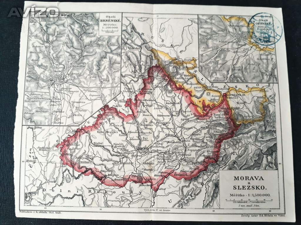 Morava a Slezsko - mapa vytržená ze staré knihy Rak.-Uher. 