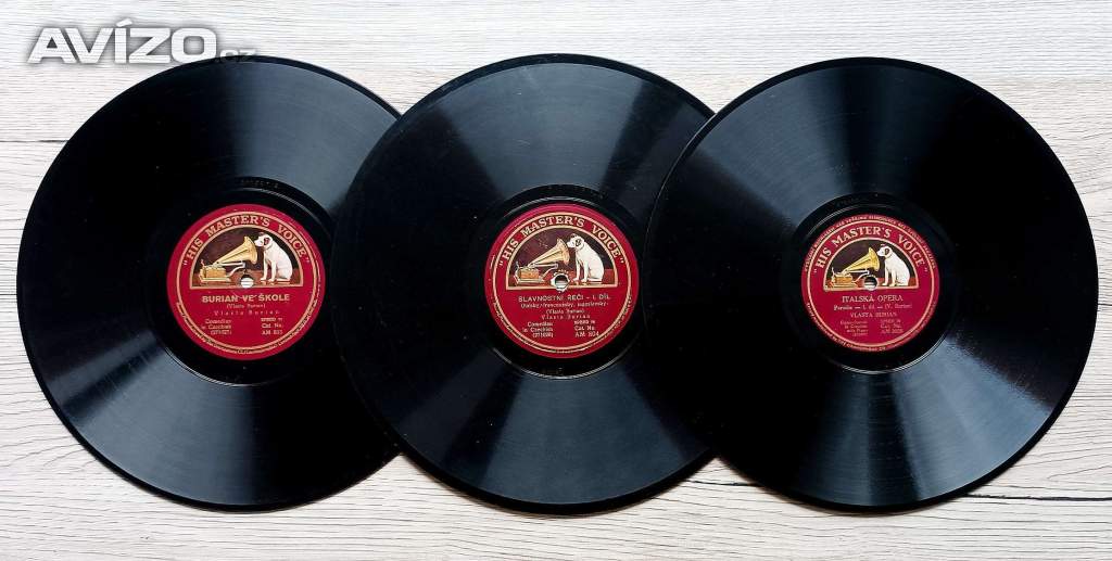 Vlasta Burian, starožitné gramodesky His Master’s Voice, rok 1928, krásný stav