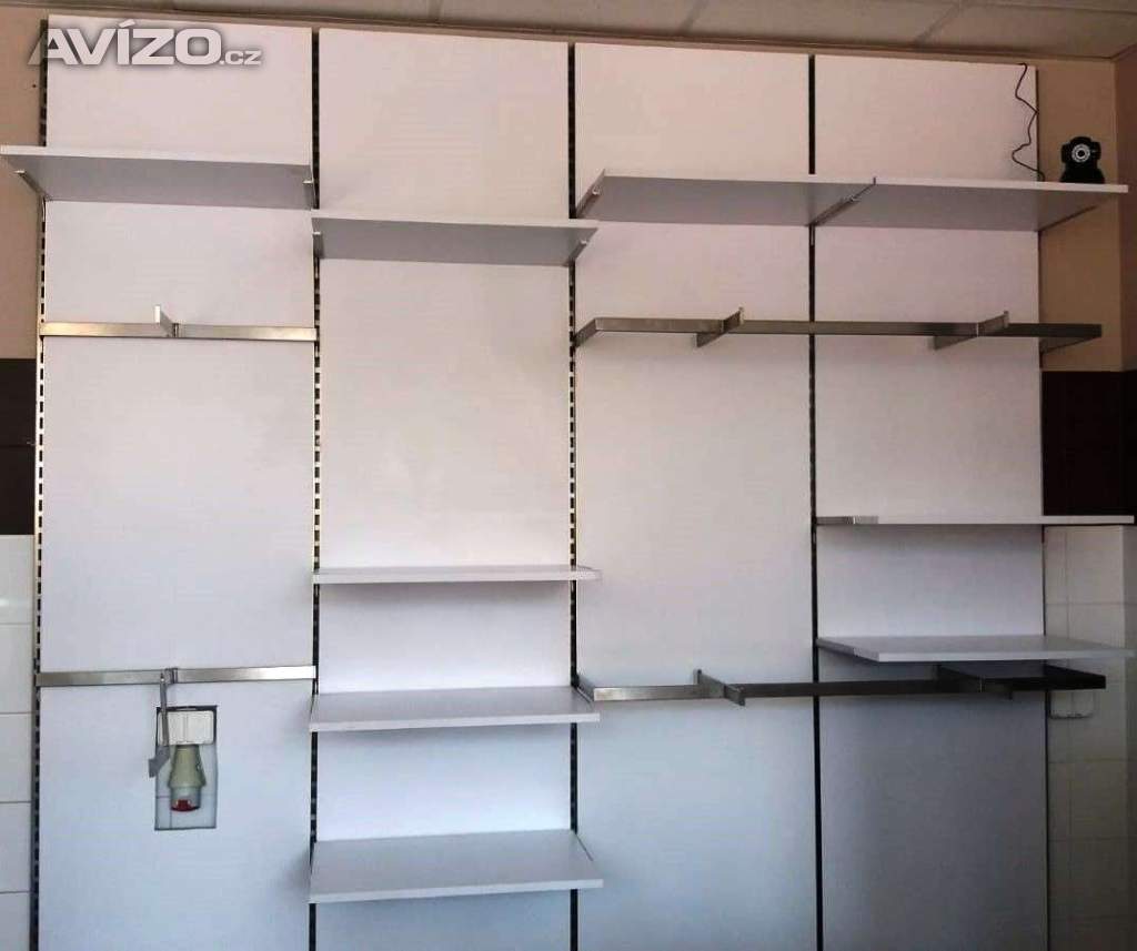 Závěsný regálový systém, bílé lamino, nerez + velké zrcadlo