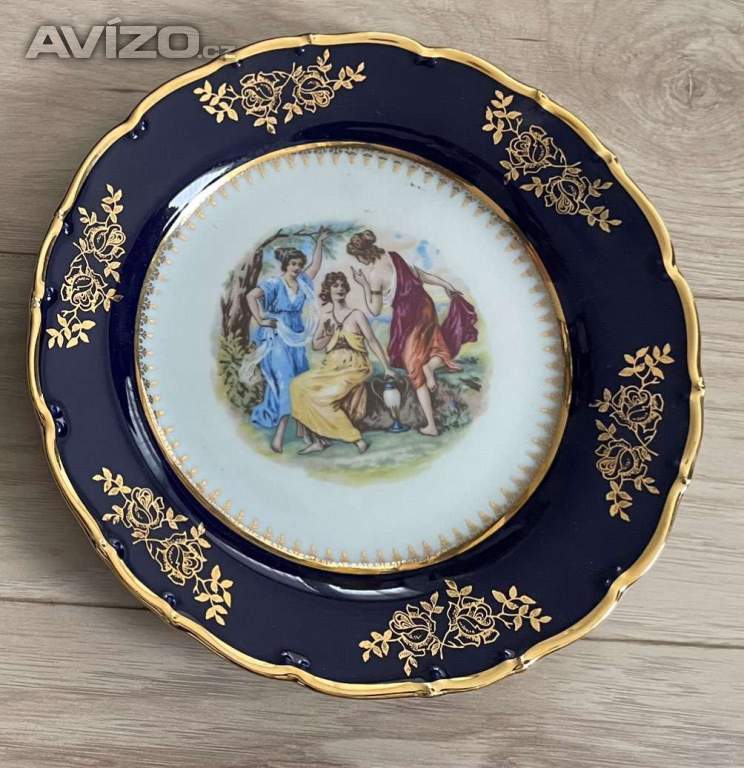 Český porcelán - talíř Tři Grácie, modrý kobalt