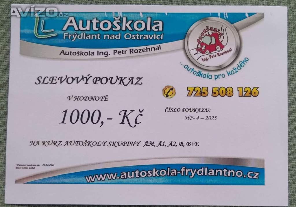 Slevový poukaz 1000 Kč na Autoškolu Frýdlant nad Ostravicí