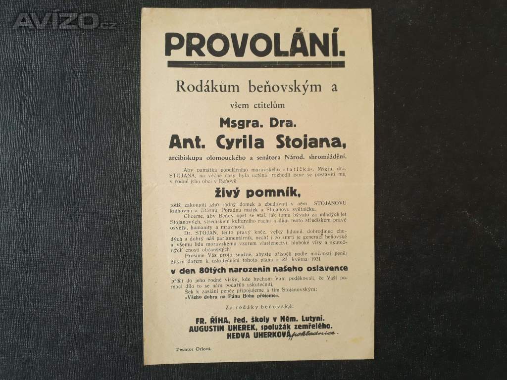  Provolání rodákům beňovským a ctitelům A. C. Stojana 1931