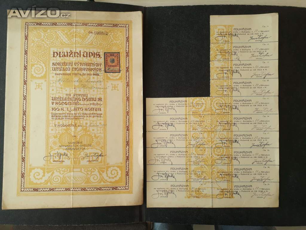  Dlužní úpis Sdružení výtvar. umělců na stavbu, Hodonín 1912 