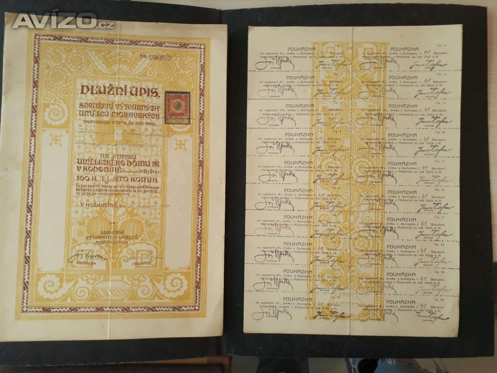 Dlužní úpis Sdružení výtvar. umělců na stavbu, Hodonín 1911 