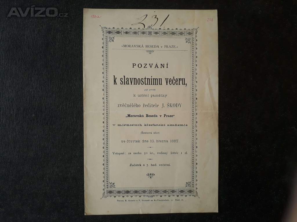  Pozvání k slavnostnímu večeru - Moravská beseda Praha 1887 