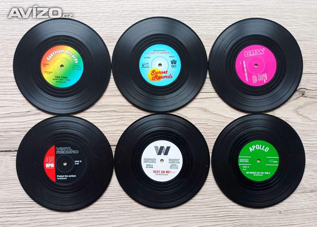 6 originálních podtácků jako gramofonové desky, průměr 10 cm 