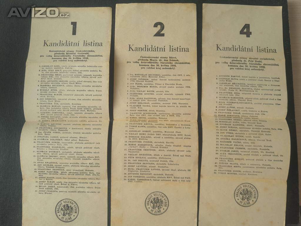 Kandidátní listiny - volby 1946 - kraj Zlín