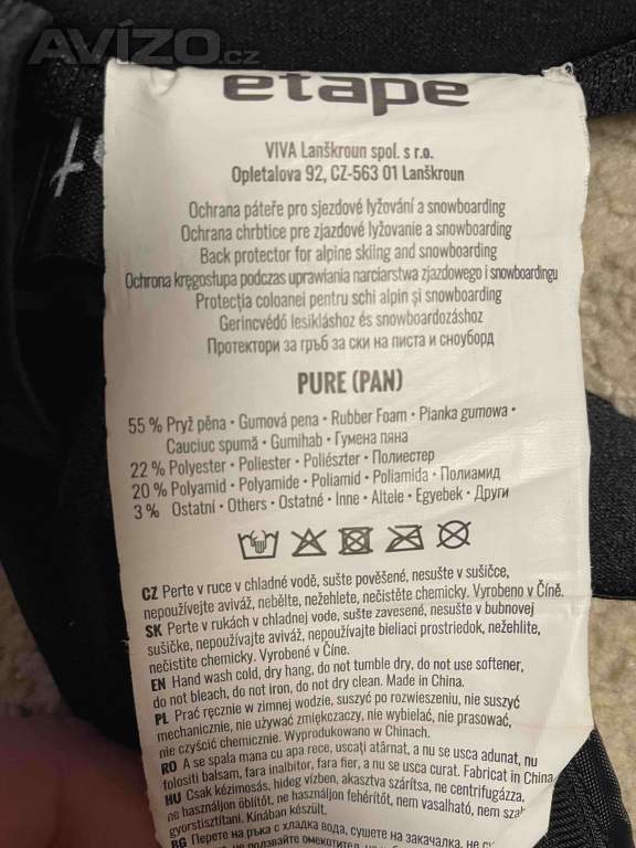 Foto inzerátu chránič páteře na lyže Etape PURE vel. S pro výšku 140-160 cm