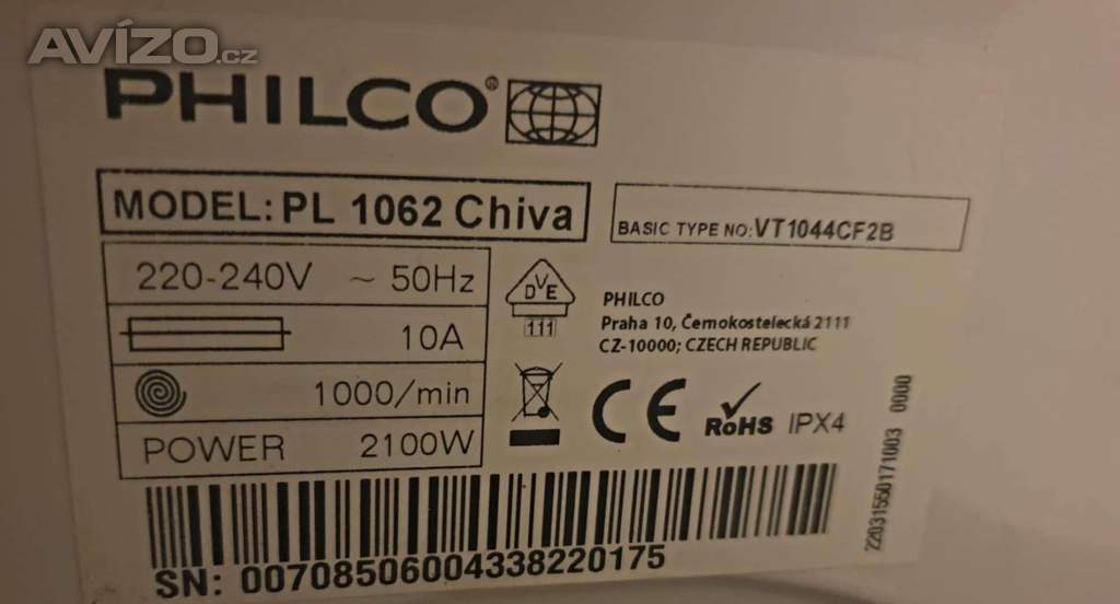 Foto inzerátu PRACKA PHILCO PL 1062,BOCNI PLNENI,NA 6KG,PLNE FUNKCNI,A++,1000 OT.