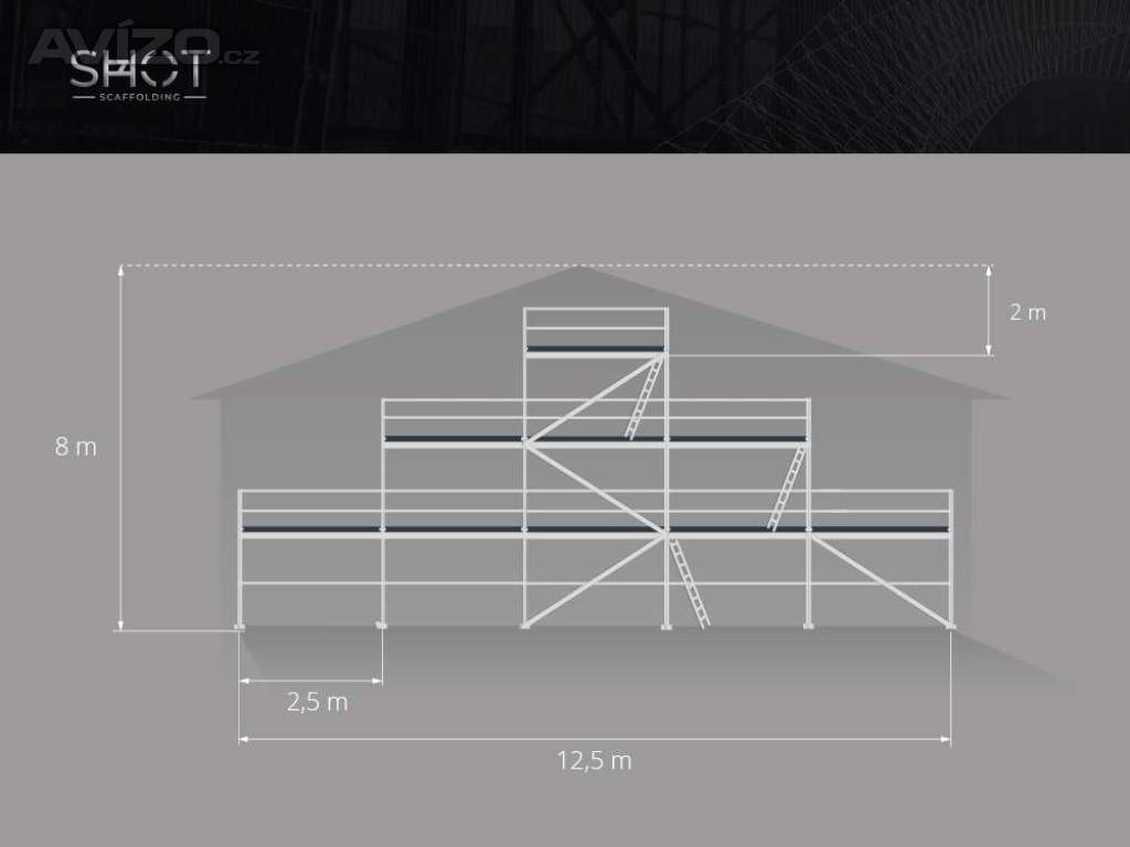 vhodné na štítové stěny  Lešení na štít 8,3X12,5 různé rozměry