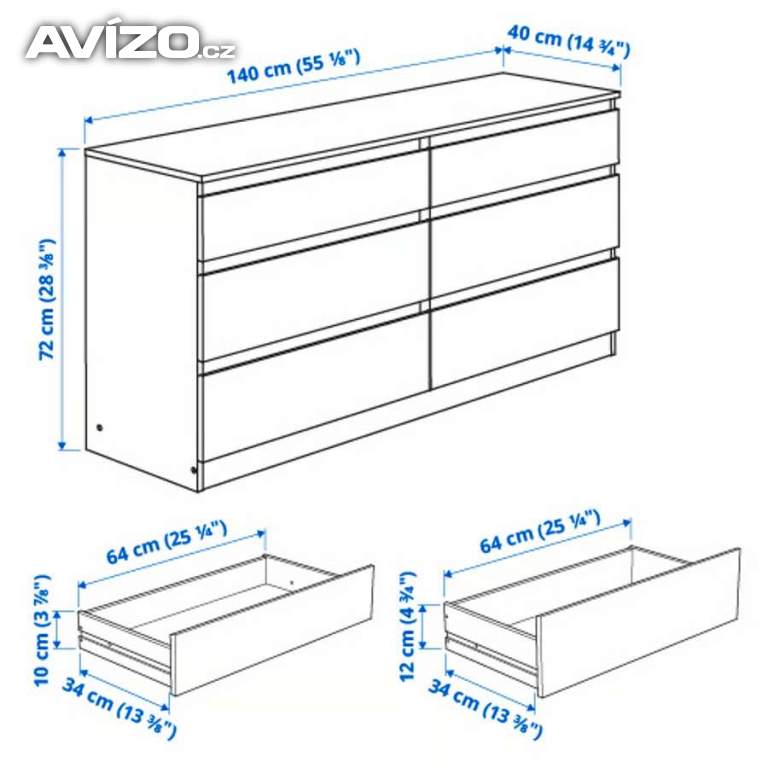 Foto inzerátu Prodám KULLEN – komodu se 6 zásuvkami, bílá (140×72 cm).