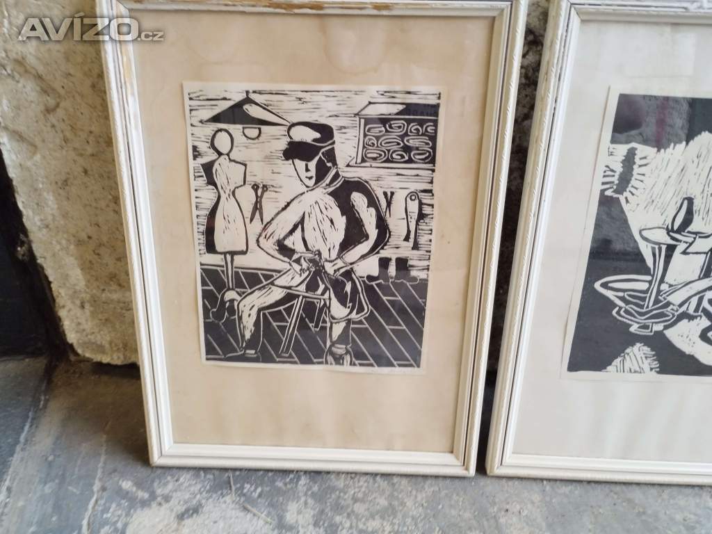 2x linoryt - povolaní krejčí/keramika signováno