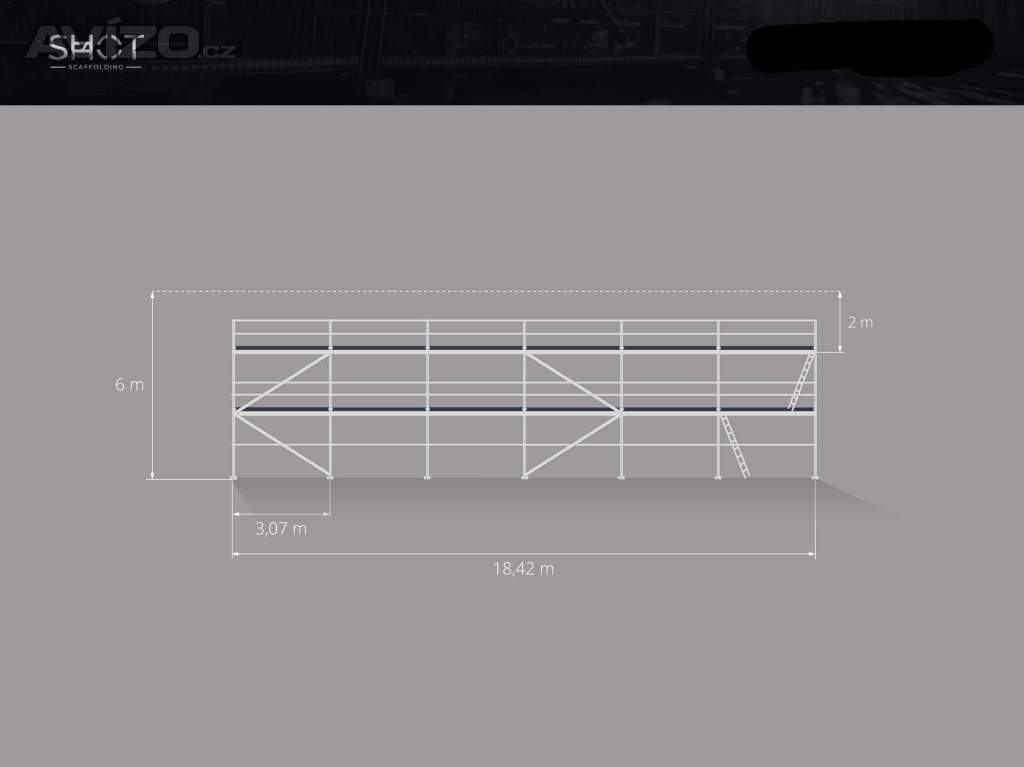 Lešení na stěnu LAYHER – nové, pevné, ihned k odběru 6,3 X 18,42 = 116 M2