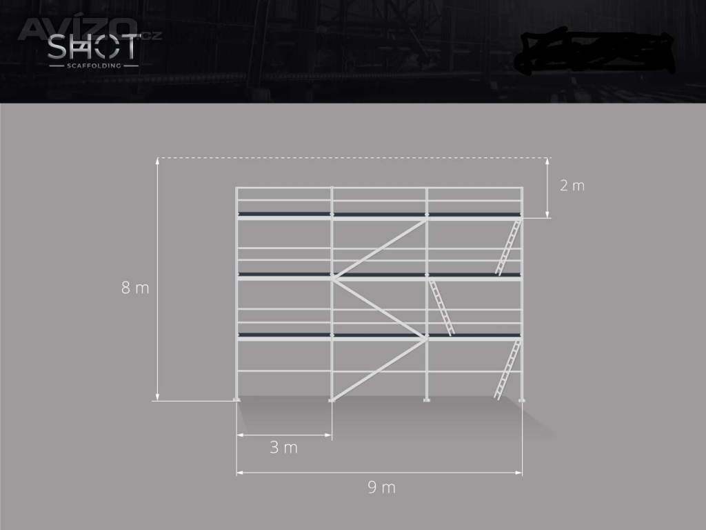 Nové lešení Plettac pro stěnu fasády – skladem, ihned k odběru 8,3 X 9