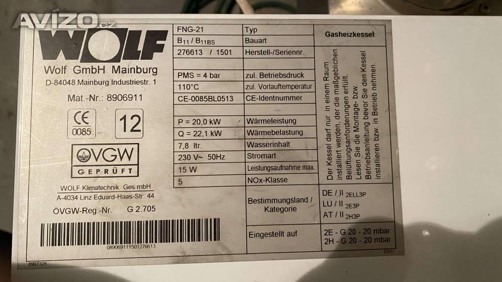 Foto inzerátu Prodám plynový kotel značky Wolf