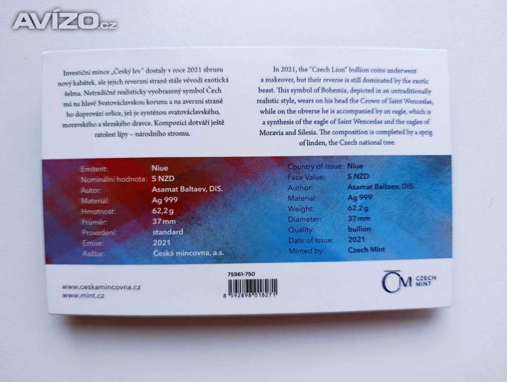 Foto inzerátu Český lev 2 Oz – 62,2 g Ag 999 – jen 1 000 ks 