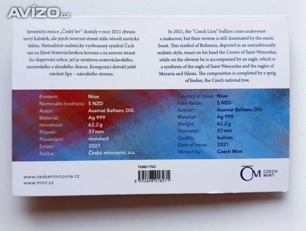 Foto inzerátu Český lev 2 Oz – 62,2 g Ag 999 – jen 1 000 ks 