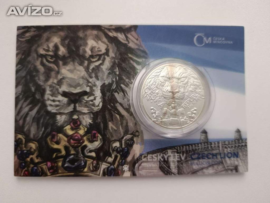 Český lev 2023 – stříbrná 2 oz mince, č. 0579/1000, certifikát, dvě unce