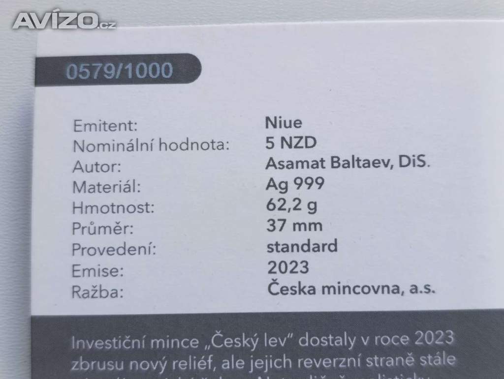 Foto inzerátu Český lev 2023 – stříbrná 2 oz mince, č. 0579/1000, certifikát, dvě unce