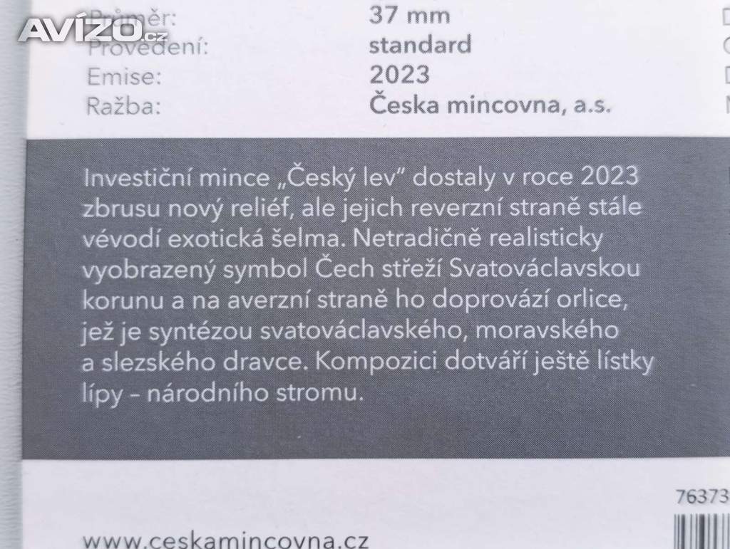 Foto inzerátu Český lev 2023 – stříbrná 2 oz mince, č. 0579/1000, certifikát, dvě unce