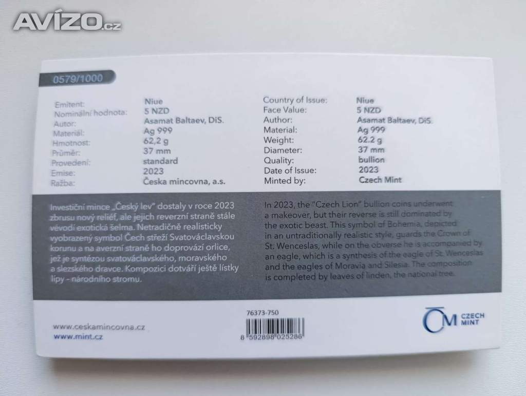 Foto inzerátu Český lev 2023 – stříbrná 2 oz mince, č. 0579/1000, certifikát, dvě unce