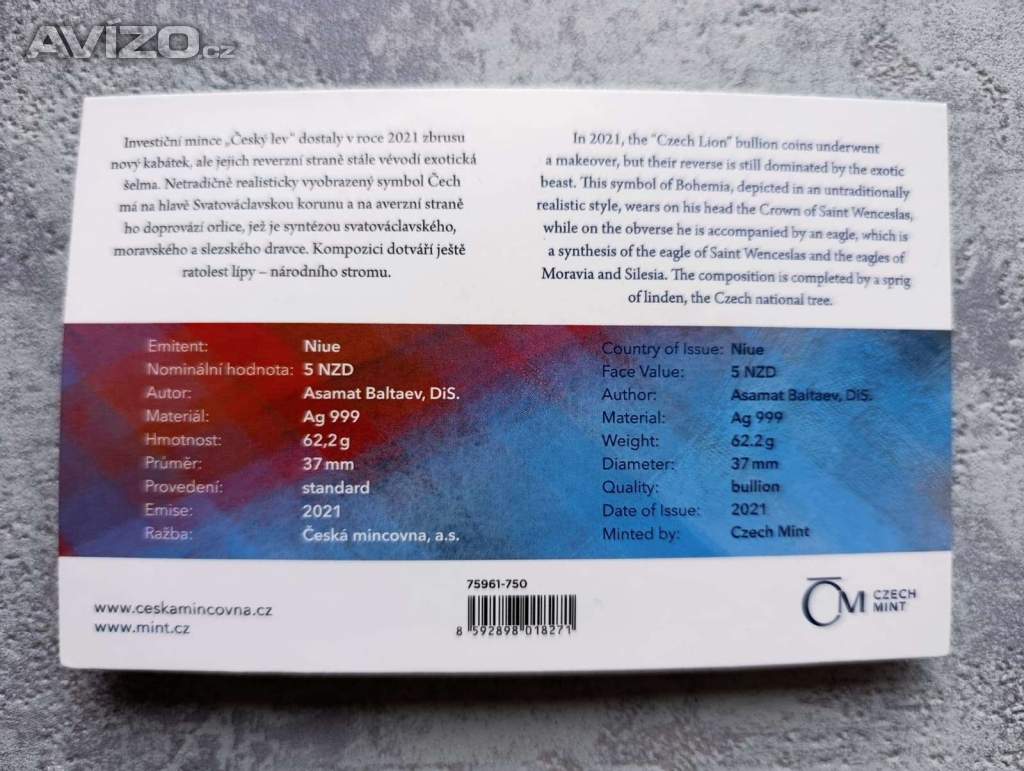 Foto inzerátu Stříbrná mince Český lev 2021 2 oz Ag 999 | Doprava zdarma 