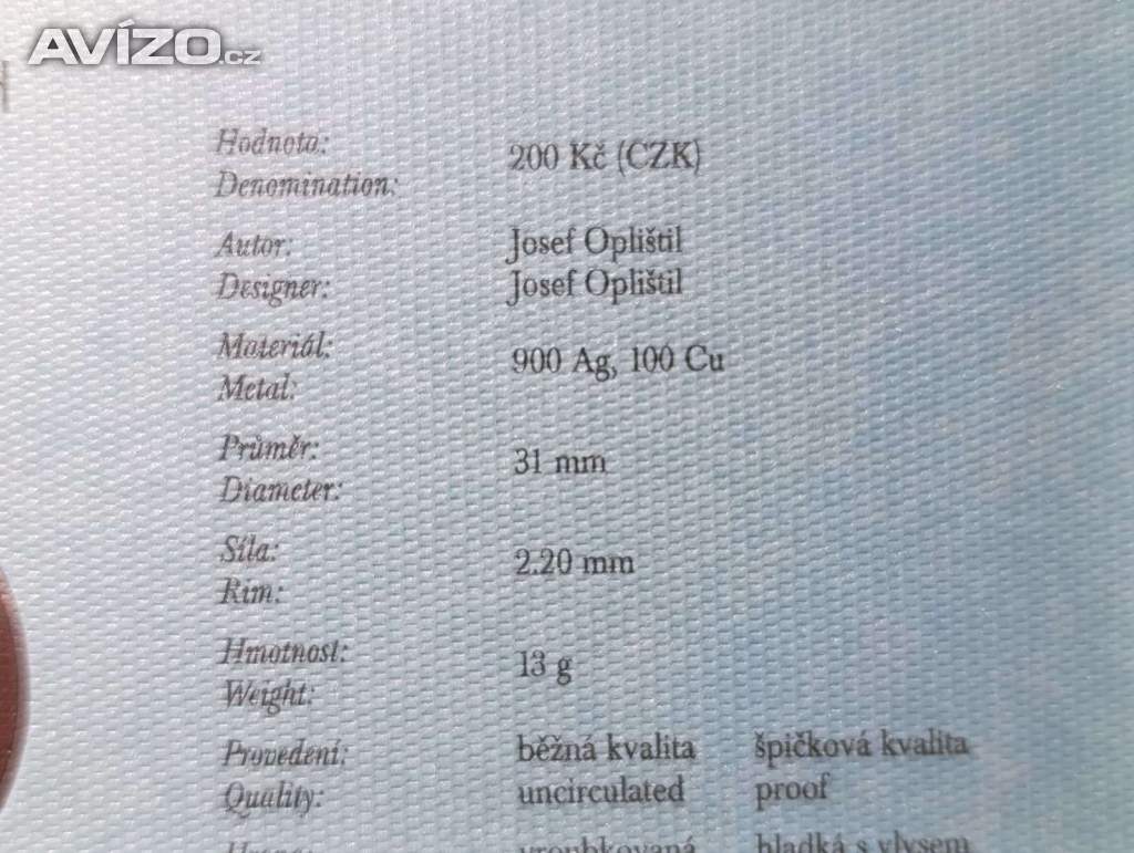 Foto inzerátu Stříbrná  200kč pametní mince J.JEŽEK, ag 13g do sbírky