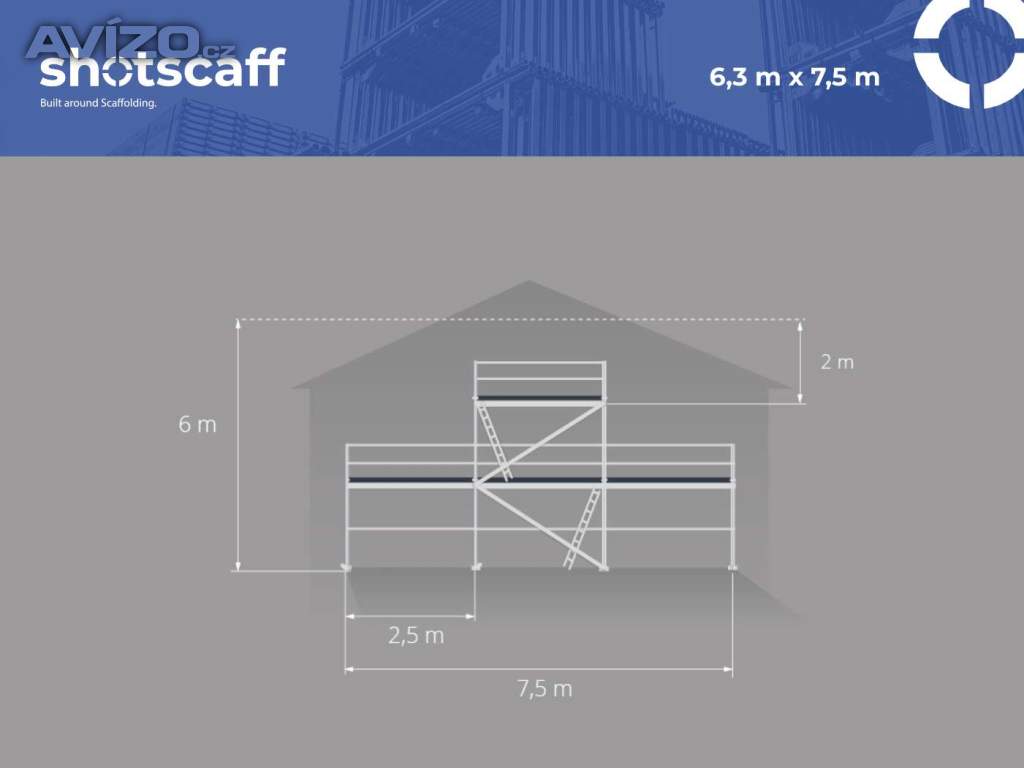 Lešení na štít 6,3X7,5 – ocelové, fasádní, různé rozměry