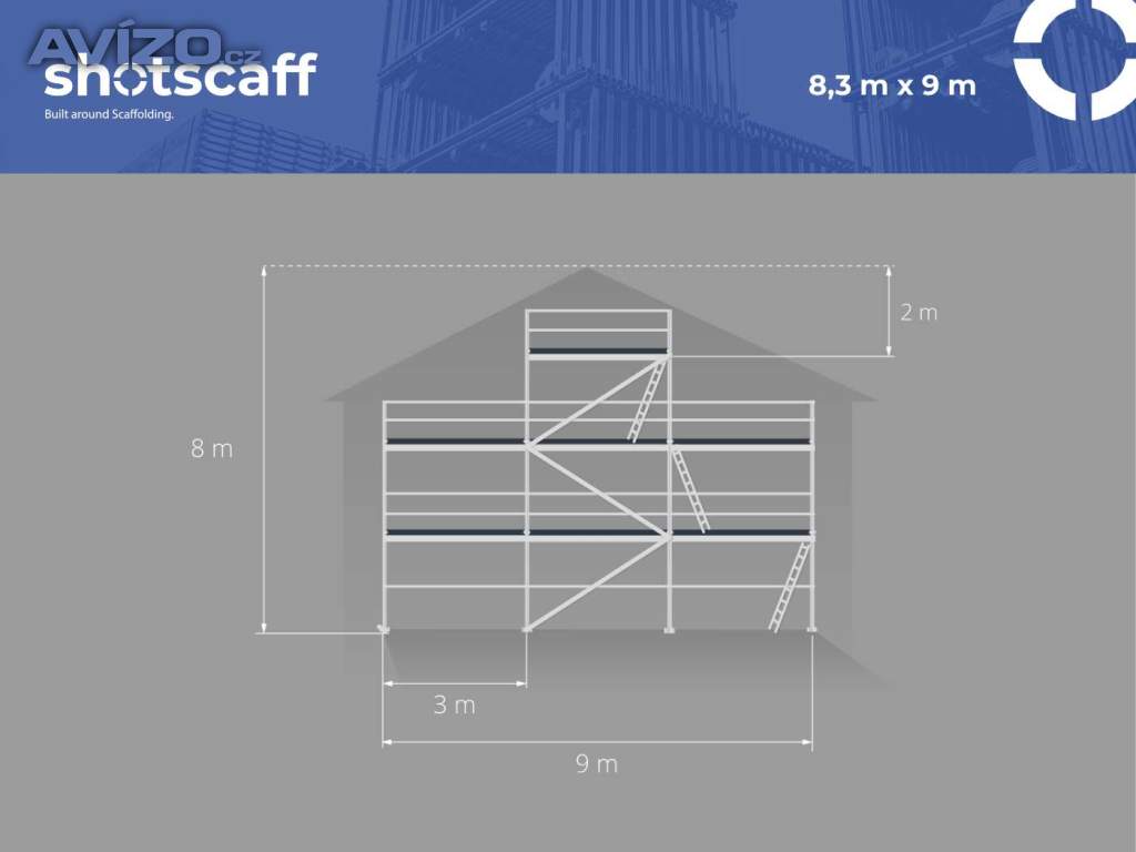Lešení na štít – ocelové, fasádní, různé rozměry 8,3 m X 9,00 m