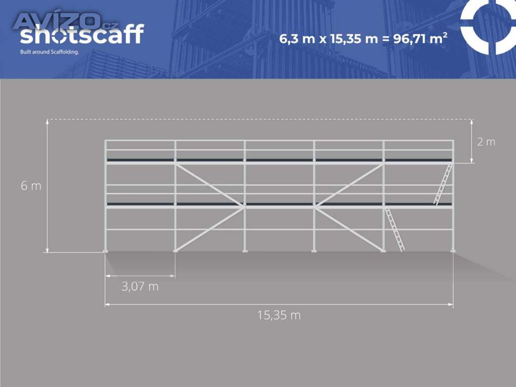 Ocelové fasádní lešení BAUMANN – kompletní sada + doprava 6,3X15,35=96 M2
