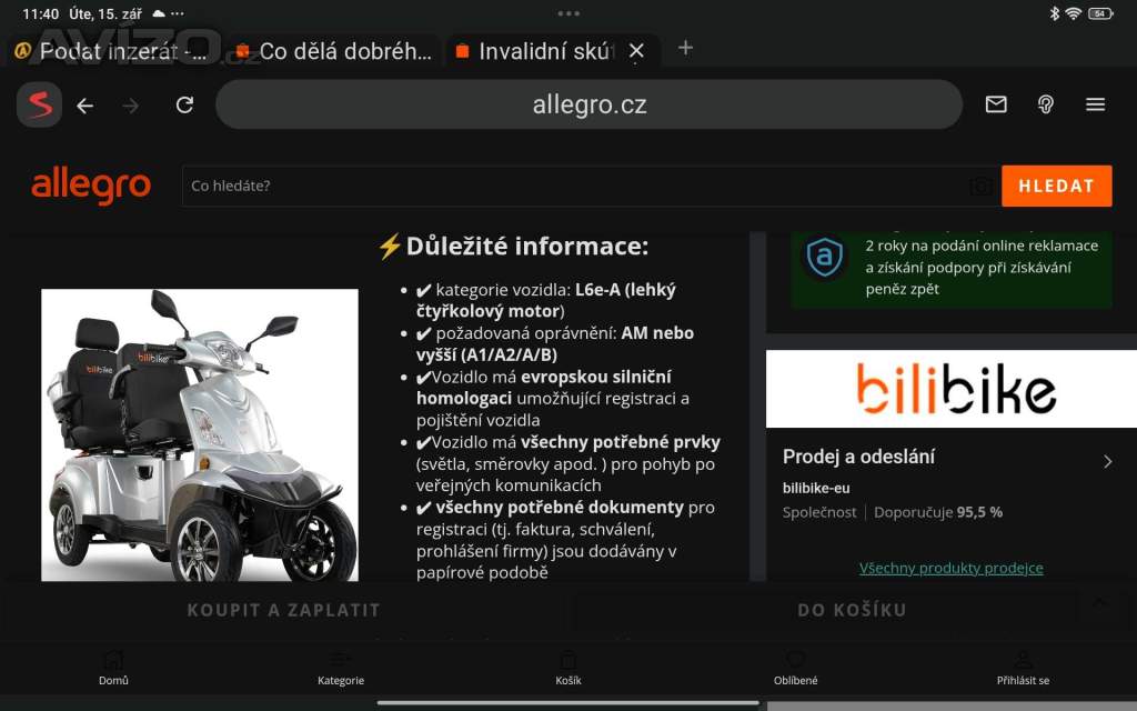 Prodám dvousedadlový čtyřkolový elektrický skútr 