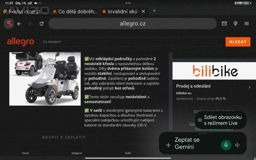 Foto inzerátu Prodám dvousedadlový čtyřkolový elektrický skútr 