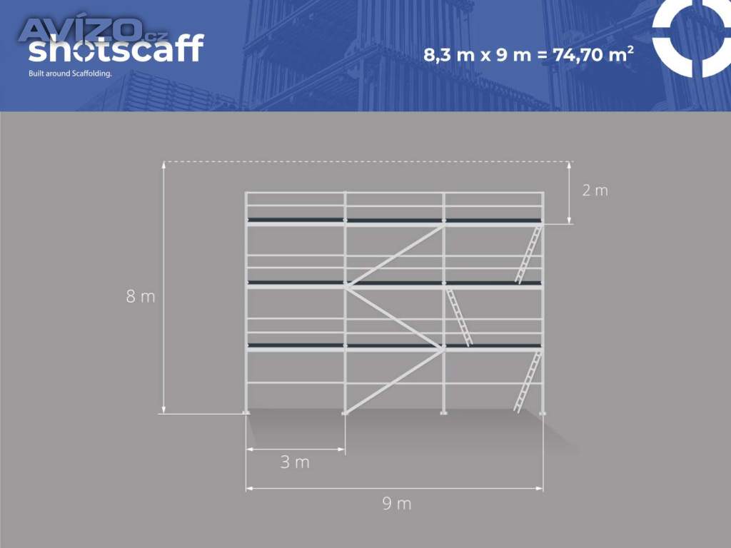 Nové lešení Plettac pro stěnu fasády – skladem, ihned k odběru 8,3 X 9