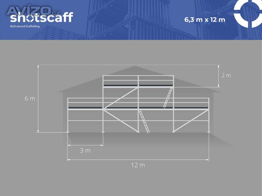 lešení na fasádu i štít 6,3X12 ocel, různé velikosti, doprava po dohodě