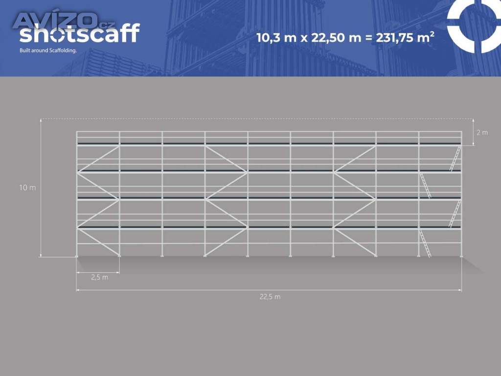 Kompletní ocelové lešení 230m² – nové, ihned k odběru, doprava v ceně PLETTAC scaff 74