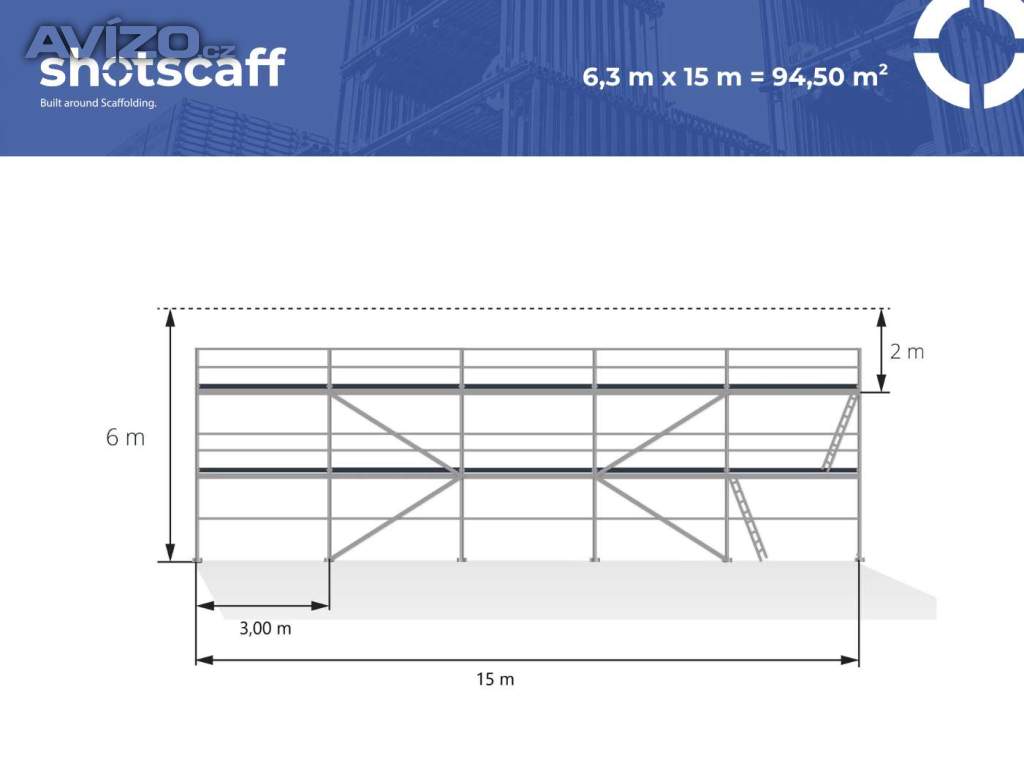 Kompletní hliníkové lešení, nové a lehké – 6 x15 = 95 m2 ideální pro fasády