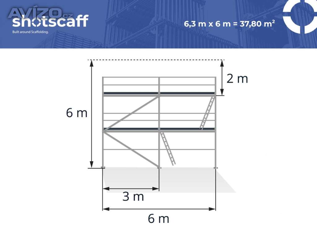 Kompletní hliníkové lešení, nové a lehké 6 x 6 = 38 m², ideální pro práce na fasádách