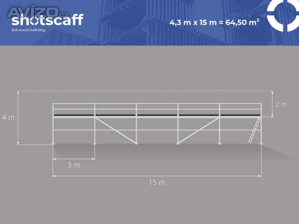  Nové lešení Plettac pro stěnu fasády – skladem, ihned k odběru 4,3x15=65m2