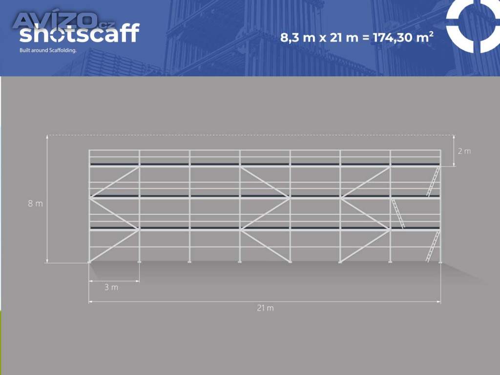 175m2 Ocelové lešení Plettac – nové, s dodávkou po celé ČR 8,3X21