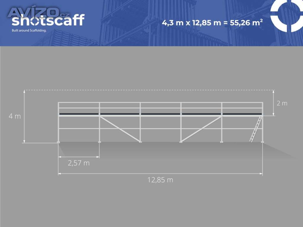 4,3x12,85 Nové fasádní lešení – BAUMANN systém, ocelové konstrukce 55m2