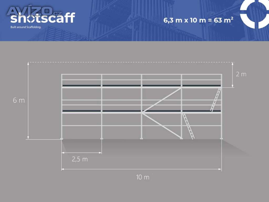 scaff 74 Plettac systém Nové fasádní lešení, ocelové konstrukce 63m2 6,3x10