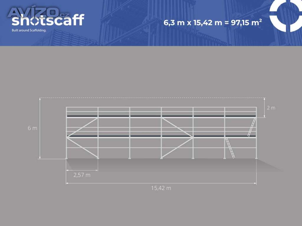 6,3 x 15,42 Nove fasádní lešení scaff 73 BAUMANN 97m²